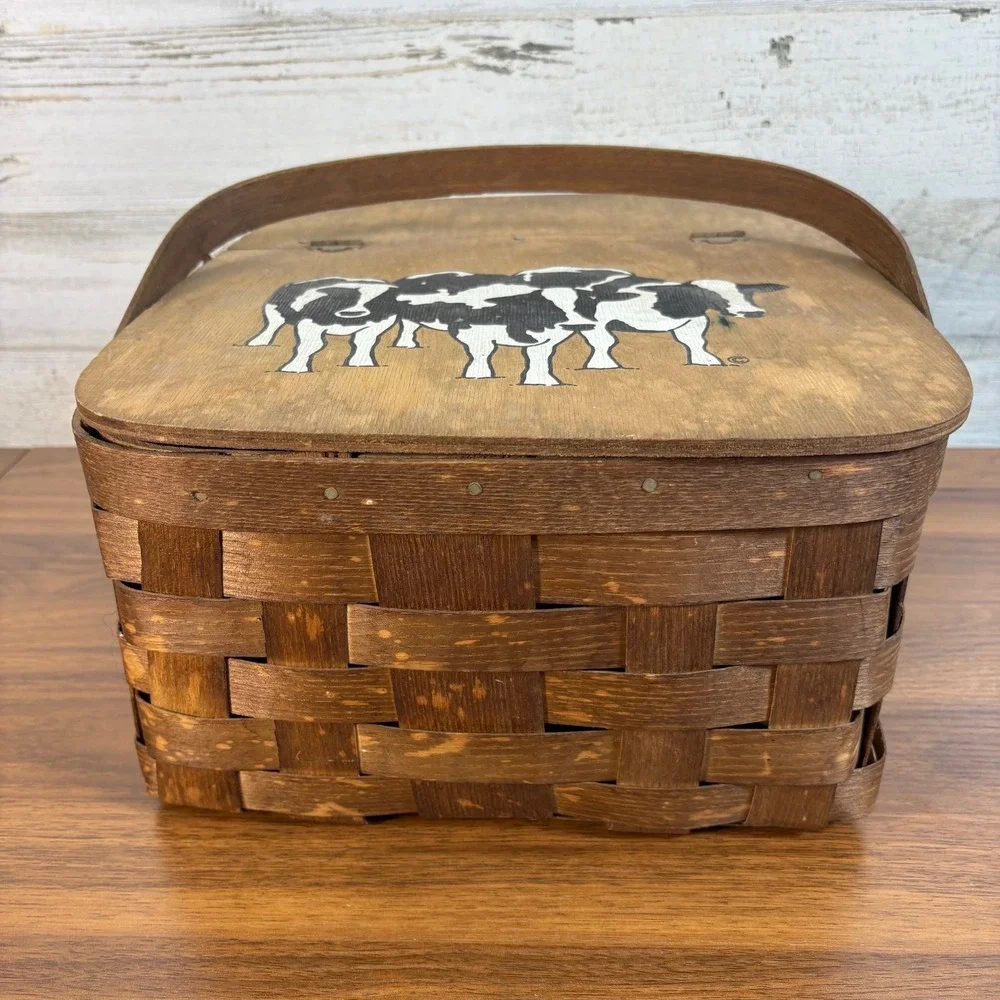 Vintage Woven Picnic Basket Hand Painted Cows‎ 13x12x6.5 Double Handle